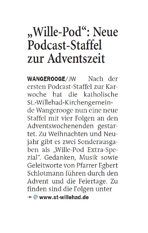 06.12.2022 Jeversches Wochenblatt – “Wille-Pod”: Neue Podcast-Staffel zur Adventszeit