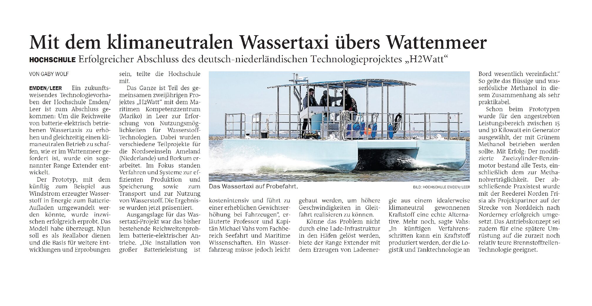 17.01.2023 Jeversches Wochenblatt – Mit dem klimaneutralen Wassertaxi übers Wattenmeer
