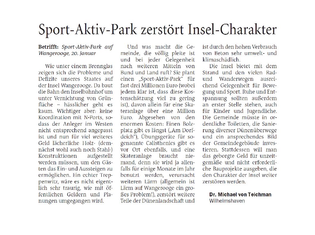 26.01.2023 Jeversches Wochenblatt – Leserbrief – Sport-Aktiv-Park zerstört Inselcharakter