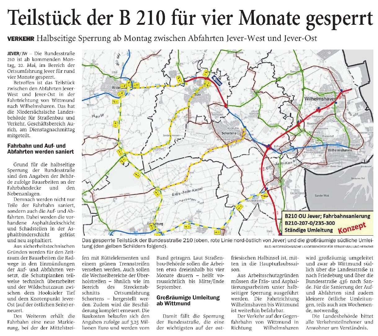 17.05.2023 Jeversches Wochenblatt – Teilstück der B210 bei Jever für vier Monate gesperrt