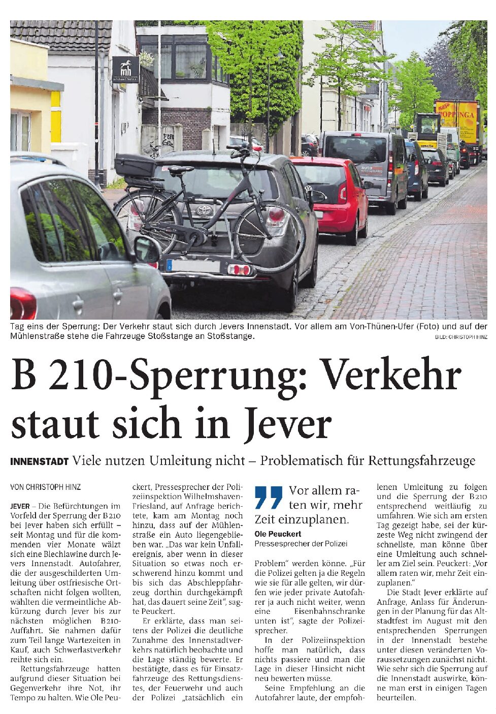 23.03.2023 Jeversches Wochenblatt – B210 Sperrung: Verkehr staut sich in Jever