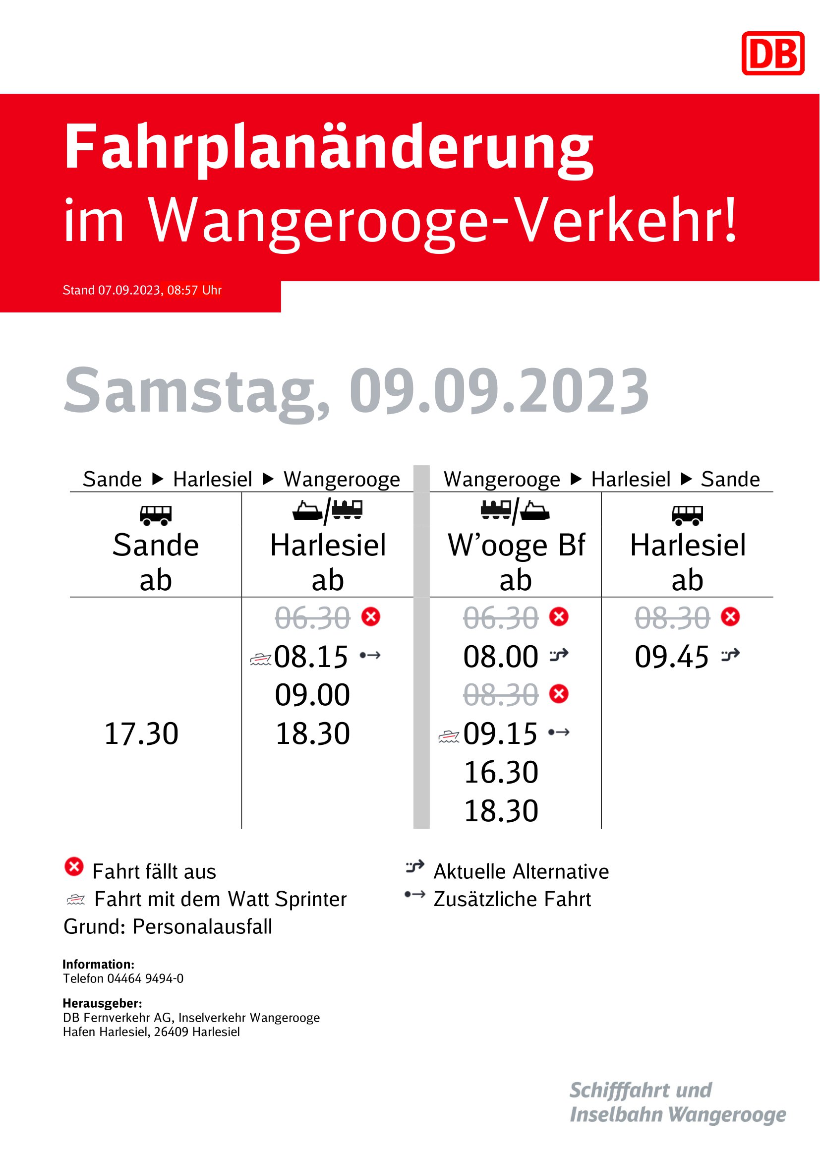 07.09.2023 DB/SIW Fahrplanänderung Sa.09.09.2023 – Wangerooge-aktuell.de