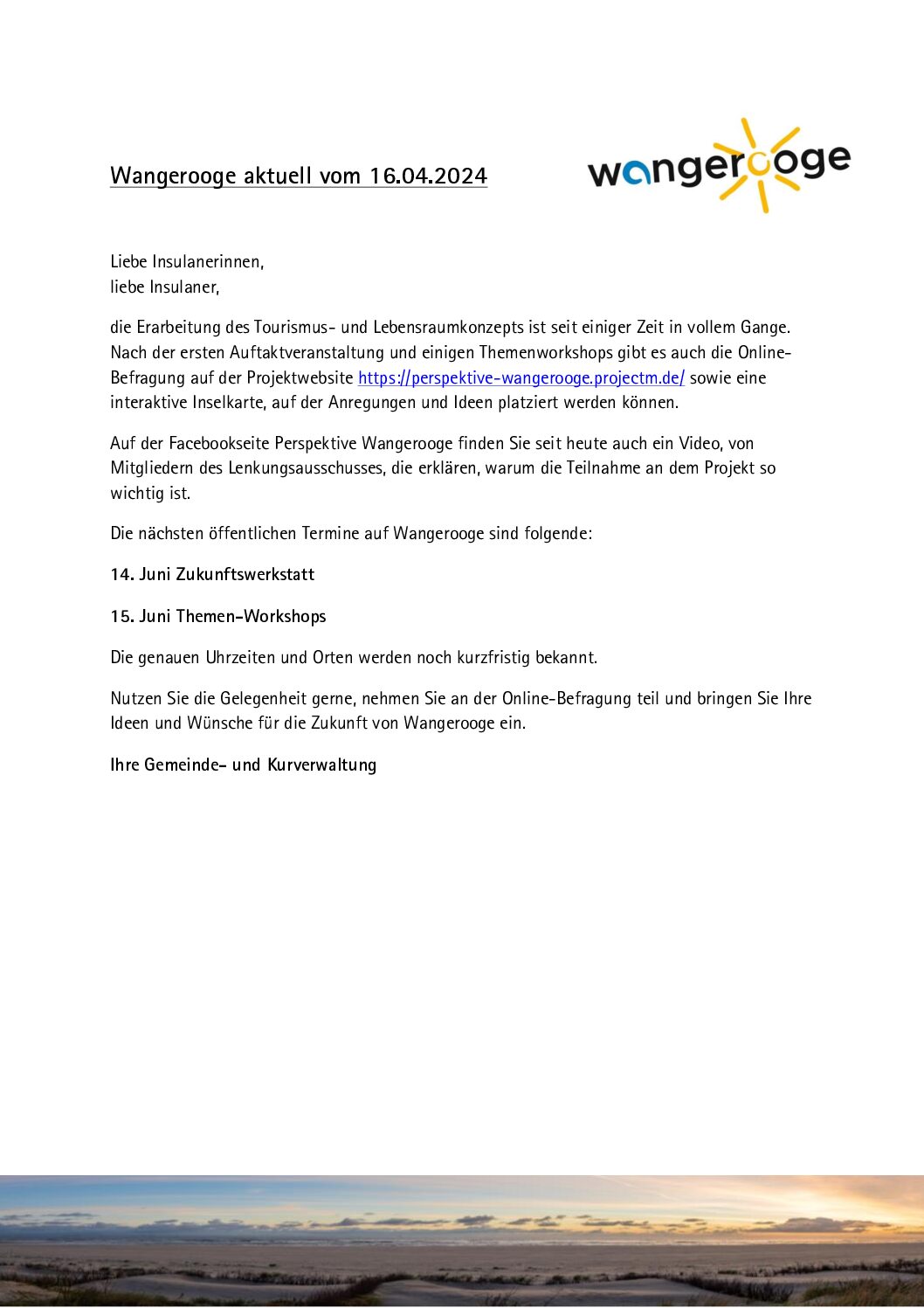 16.04.2024 Wangerooge Aktuell der Kurverwaltung – Video zum Tourismus- Lebensraumkonzept und neue Termine