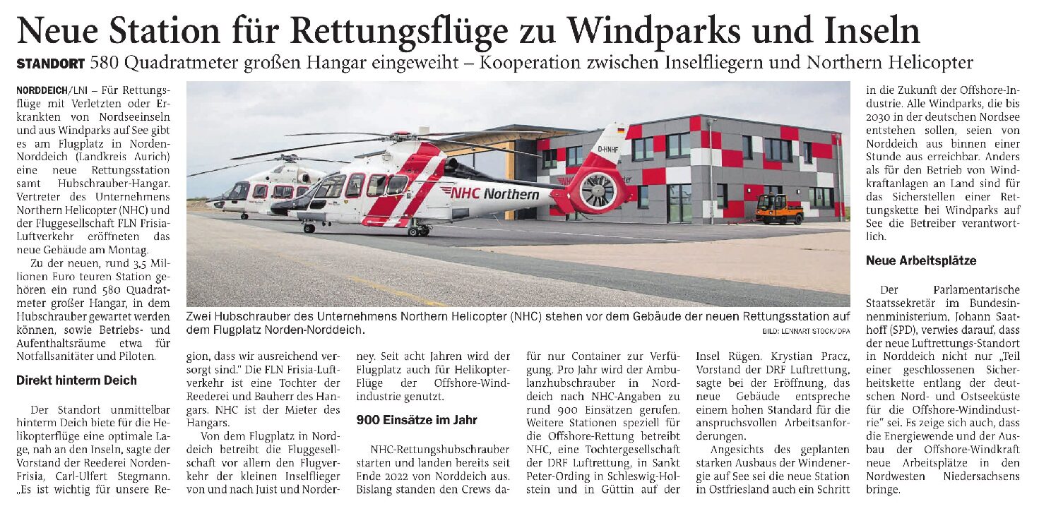 17.04.2024 Jeversches Wochenblatt – Neue Station für Rettungsflüge zu Windparks und Inseln