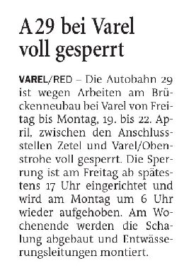 19.04.2024 Jeversches Wochenblatt – A29 bei Varel voll gesperrt