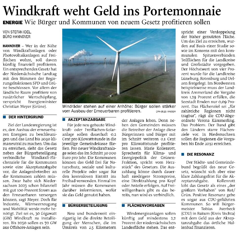 19.04.2024 Jeversches Wochenblatt – Windkraft weht Geld ins Portemonnaie