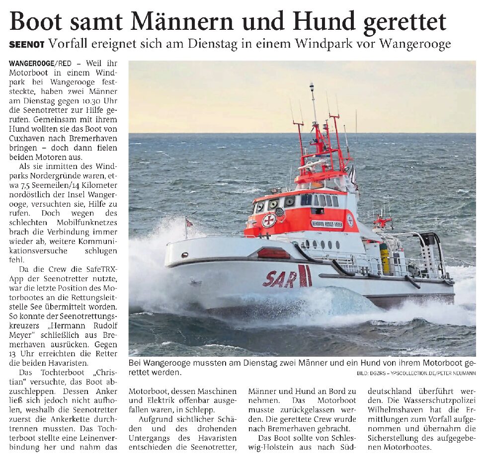 25.04.2024 Jeversches Wochenblatt – Boot samt Männern und Hund gerettet