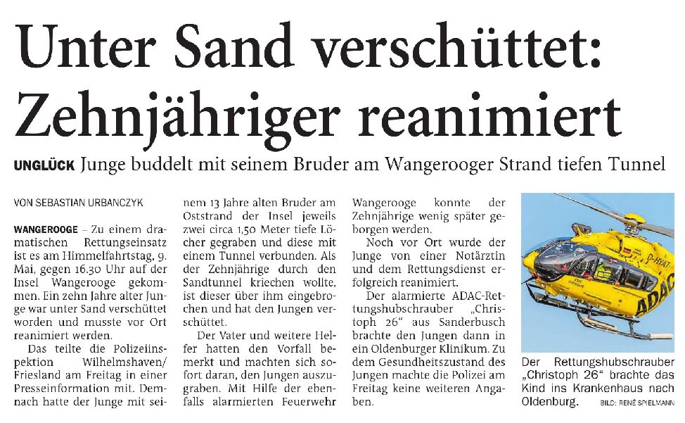 11.05.2024 Jeversches Wochenblatt – Unter Sand verschüttet: 10 jähriger reanimiert