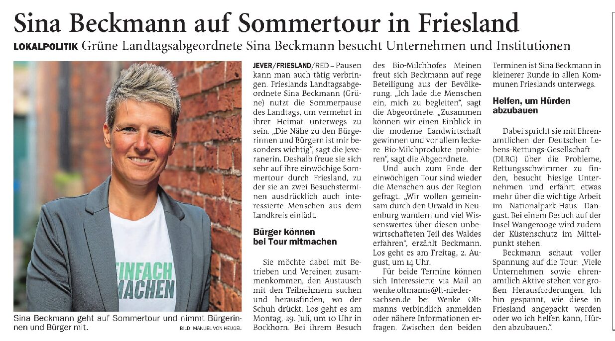 16.07.2024 Jeversches Wochenblatt – Sina Beckmann auf Sommertour in Friesland
