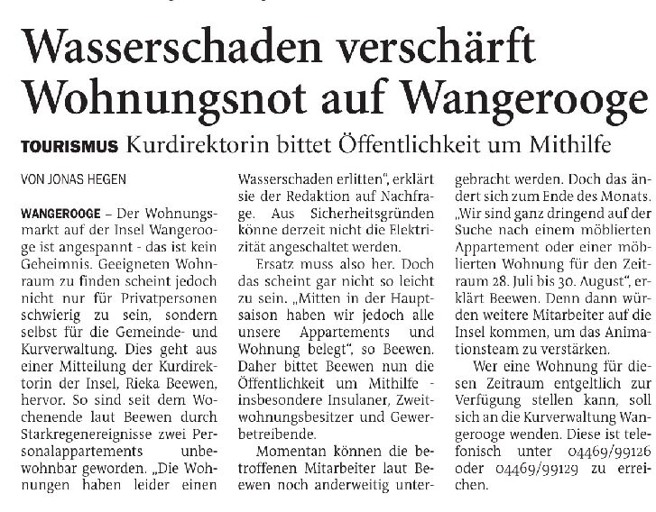 17.07.2024 Jeversches Wochenblatt – Wasserschaden verschärft Wohnungsnot auf Wangerooge