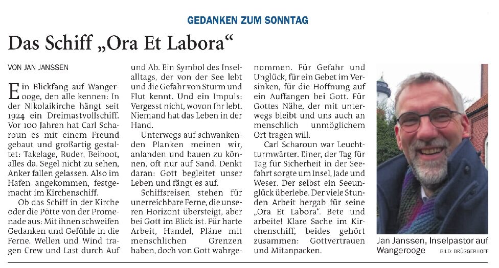 27.07.2024 Jeversches Wochenblatt – Das Schiff “Ora Et Labora”