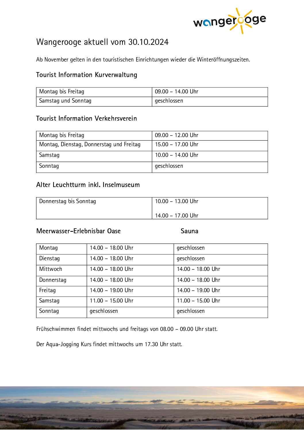 30.10.2024 Wangerooge Aktuell der Kurverwaltung – Winteröffnungszeiten der Kurverwaltung