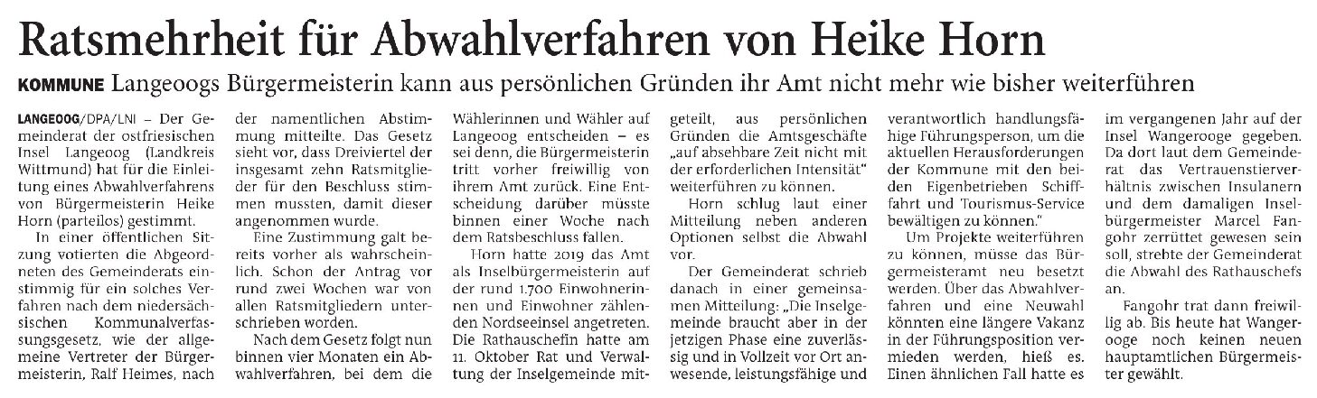 01.11.2024 Jeversches Wochenblatt – Langeoog: Ratsmehrheit für Abwahlverfahren von Heike Horn