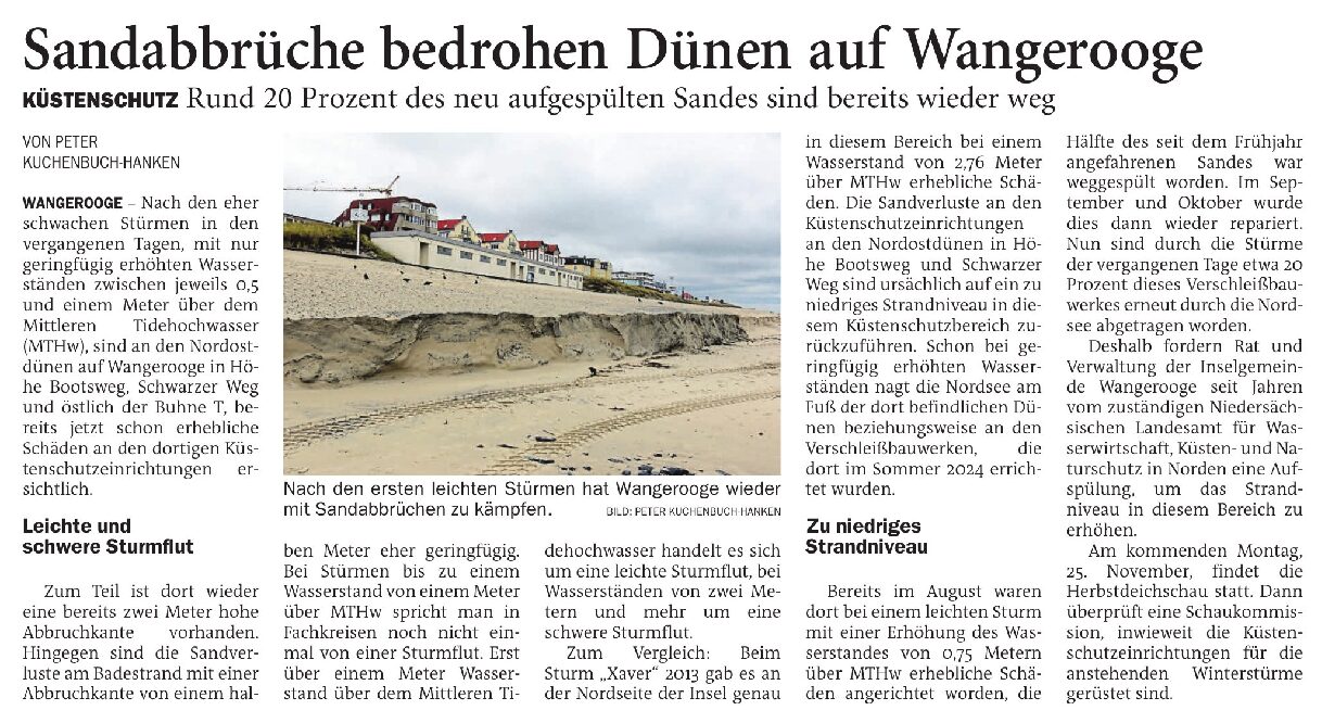 21.11.2024 Jeversches Wochenblatt – Sandabbrüche bedrohen Dünen auf Wangerooge