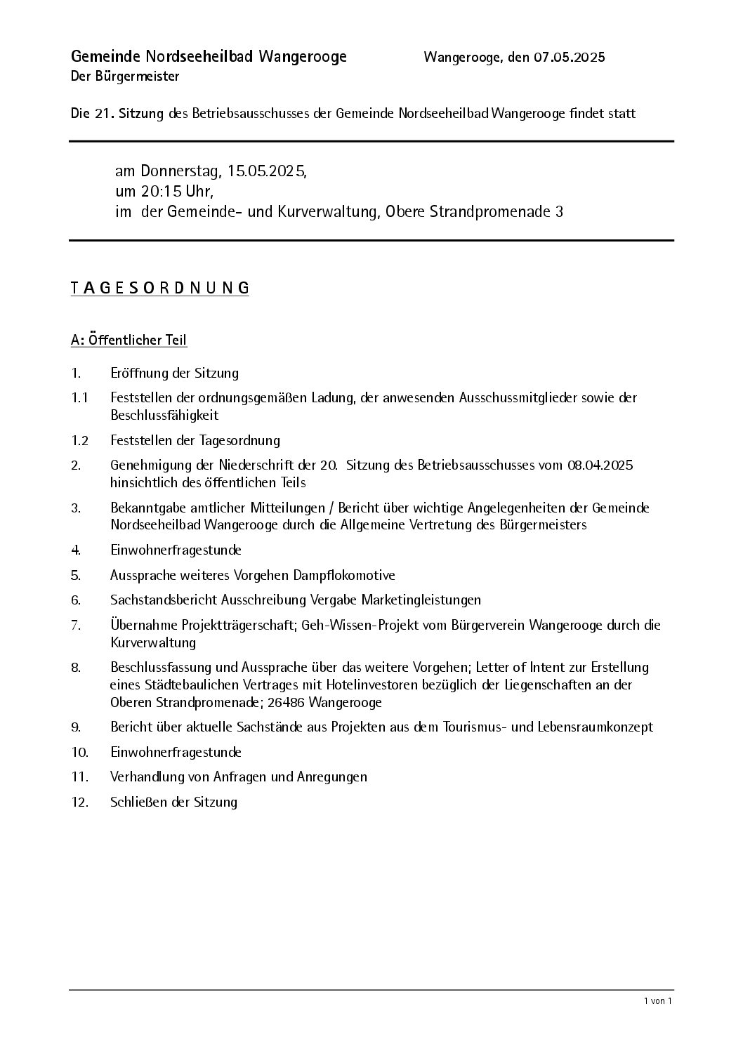 13.05.2025 Einladung Betriebsausschuss Do.15.05.2025 , 20.15 Uhr  Seminarraum Nord Obere Strandpromenade
