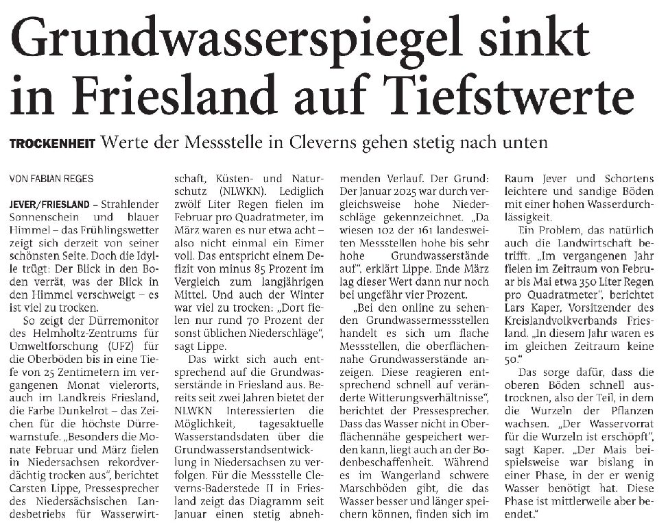 20.05.2025 Jeversches Wochenblatt – Grundwasserspiegel sinkt in Friesland auf Tiefstwerte