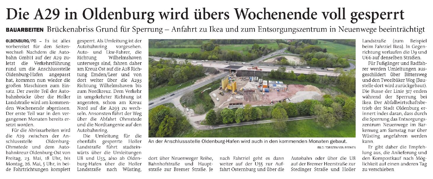 22.05.2025 Jeversches Wochenblatt – A29 in Oldenburg wird übers Wochenende voll gesperrt