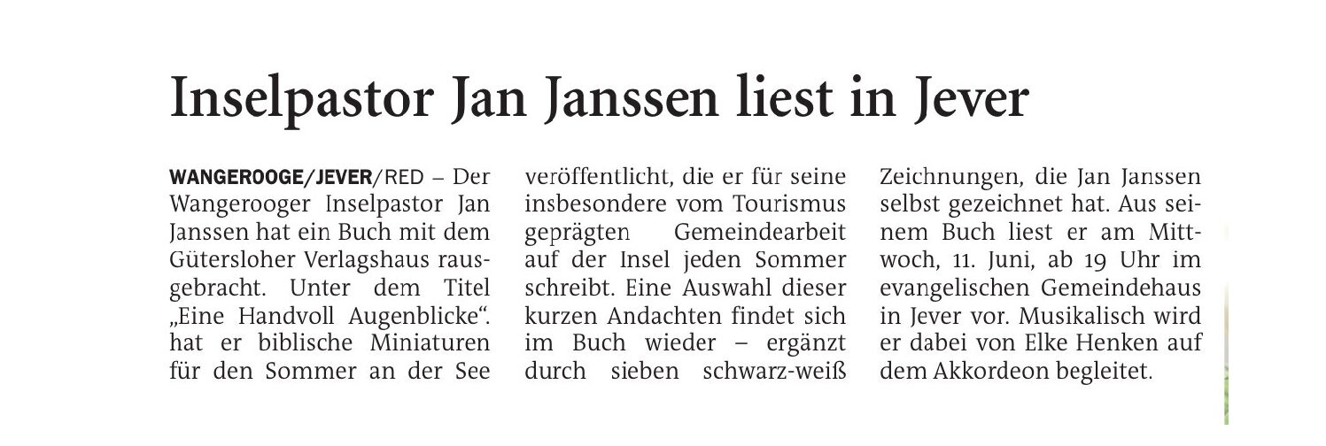 07.05.2025 Jeversches Wochenblatt – Inselpastor Jan Janssen liest in Jever