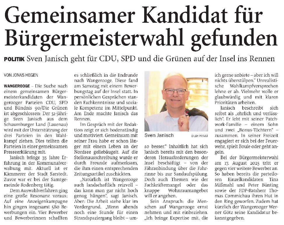 10.06.2025 Jeversches Wochenblatt – Gemeinsamer Kandidat für Bürgermeisterwahl gefunden