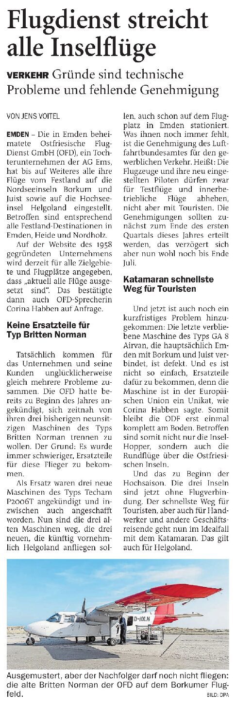 12.06.2025 Jeversches Wochenblatt – Flugdienst GmbH OFD (Emden) streicht alle Inselflüge