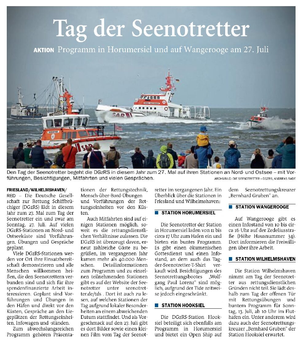 19.06.2025 Jeversches Wochenblatt – 27. Juli Tag der Seenotretter