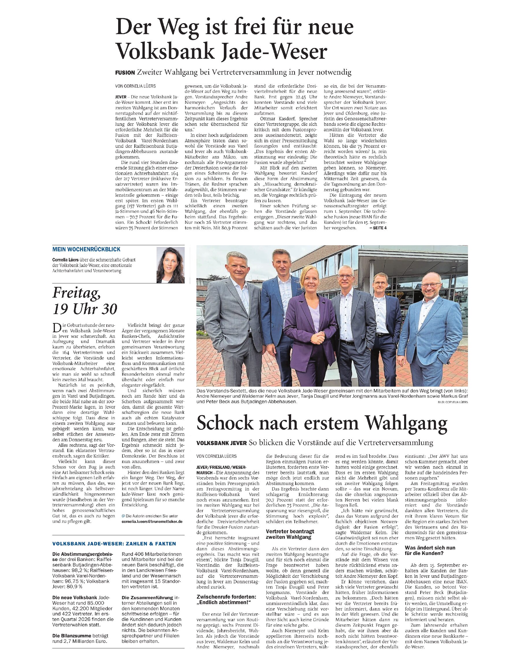 28.06.2025 Jeversches Wochenblatt – Der Weg ist frei für neue Volksbank Jade-Weser