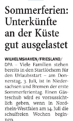 01.07.2025 Jeversches Wochenblatt – Sommerferien: Unterkünfte an der Küste gut ausgelastet
