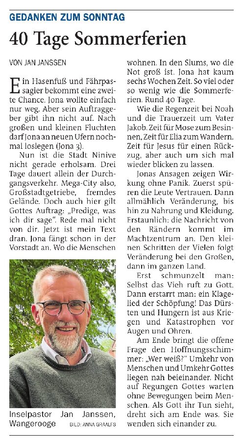 05.07.2025 Jeversches Wochenblatt – Gedanken zum Sonntag – 40 Tage Sommerferien