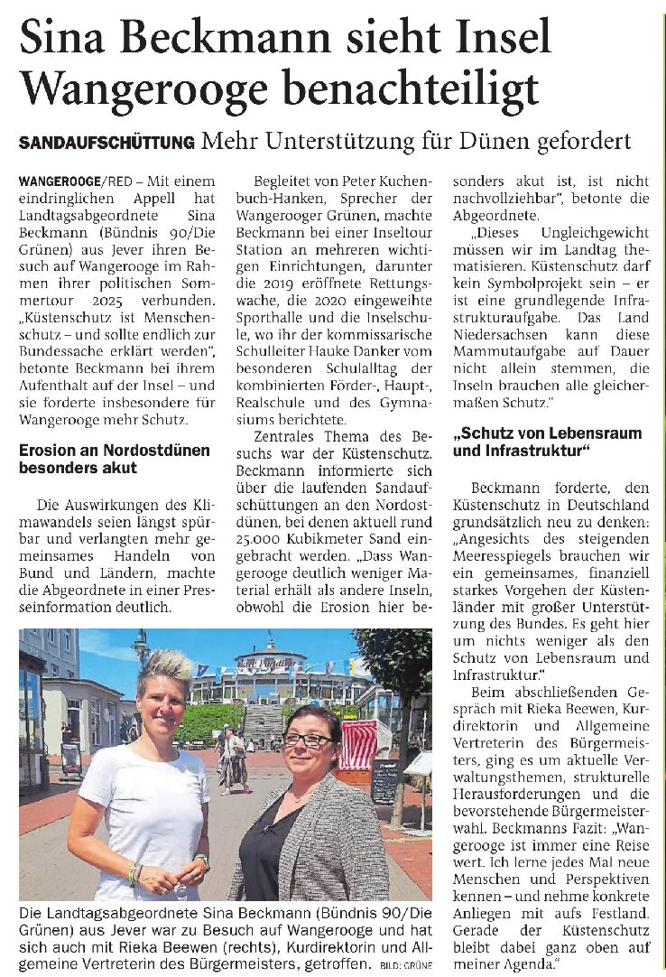 15.07.2025 Jeversches Wochenblatt – Sina Beckmann sieht Insel Wangerooge benachteiligt
