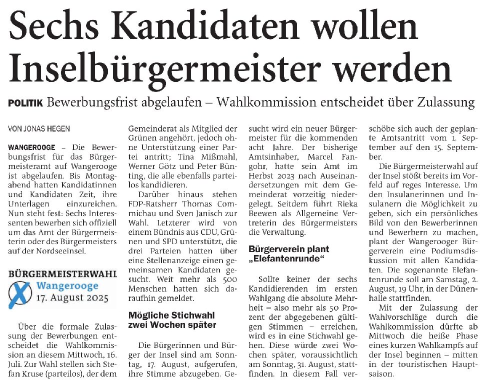 16.07.2025 Jeversches Wochenblatt – Sechs Kandidaten wollen Inselbürgermeister werden