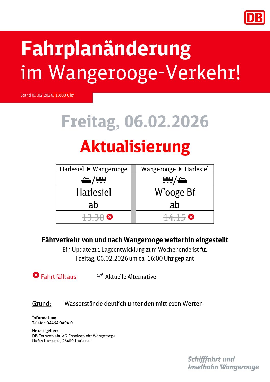 05.02.2026 DB/SIW Fahrplanänderung Fr,06.02.2026 Fährverkehr eingestellt