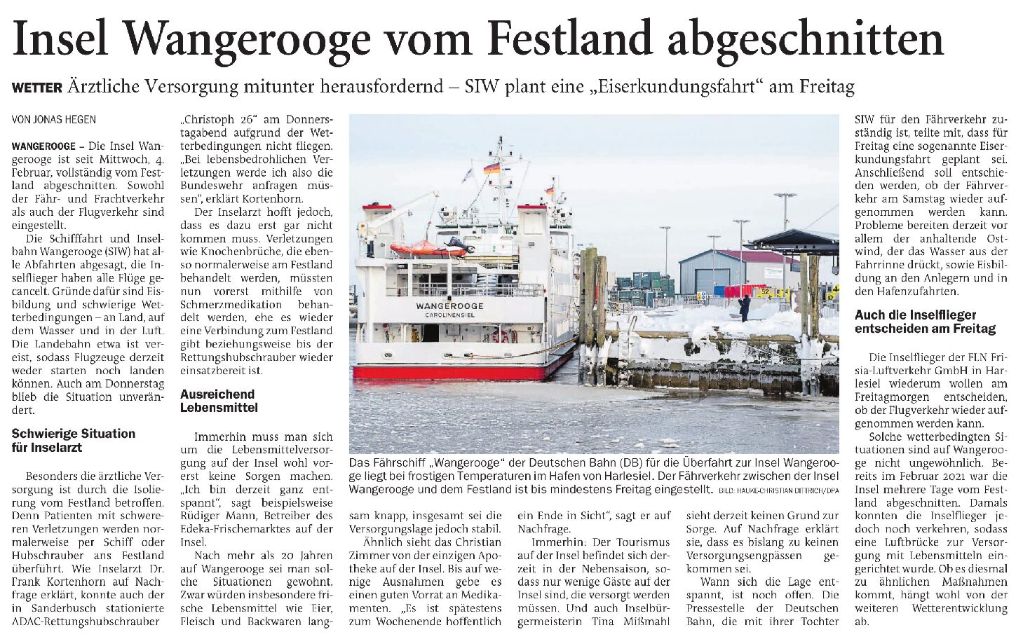 06.02.2026 Jeversches Wochenblatt – Insel Wangerooge vom Festland abgeschnitten