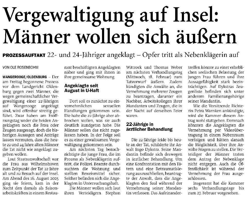 14.02.2026 Jeversches Wochenblatt – Vergewaltigung auf Insel: Männer wollen sich äußern 14.02.2026 Jeversches Wochenblatt – Vergewaltigung auf Insel: Männer wollen sich äußern