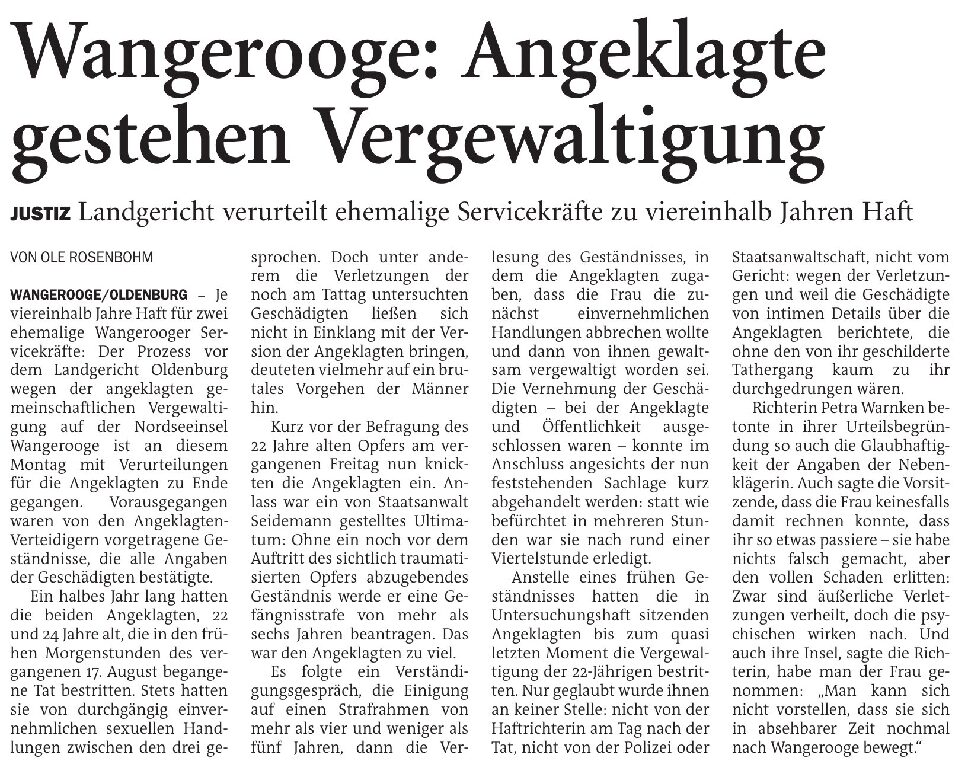 24.02.2026 Jeversches Wochenblatt – Wangerooge: Angeklagte gestehen Vergewaltigung