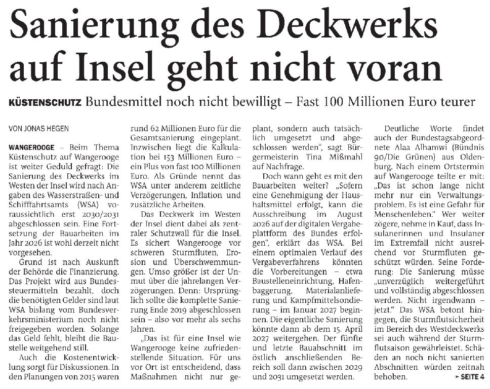 03.03.2026 Jeversches Wochenblatt – Sanierung des Deckwerks auf Insel geht nicht voran 03.03.2026 Jeversches Wochenblatt – Sanierung des Deckwerks auf Insel geht nicht voran