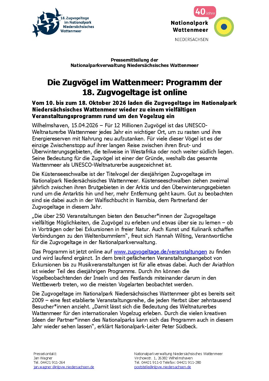 16.04.2026 Programm 18. Zugvogeltage ist online – 10 – 18. Oktober 2026