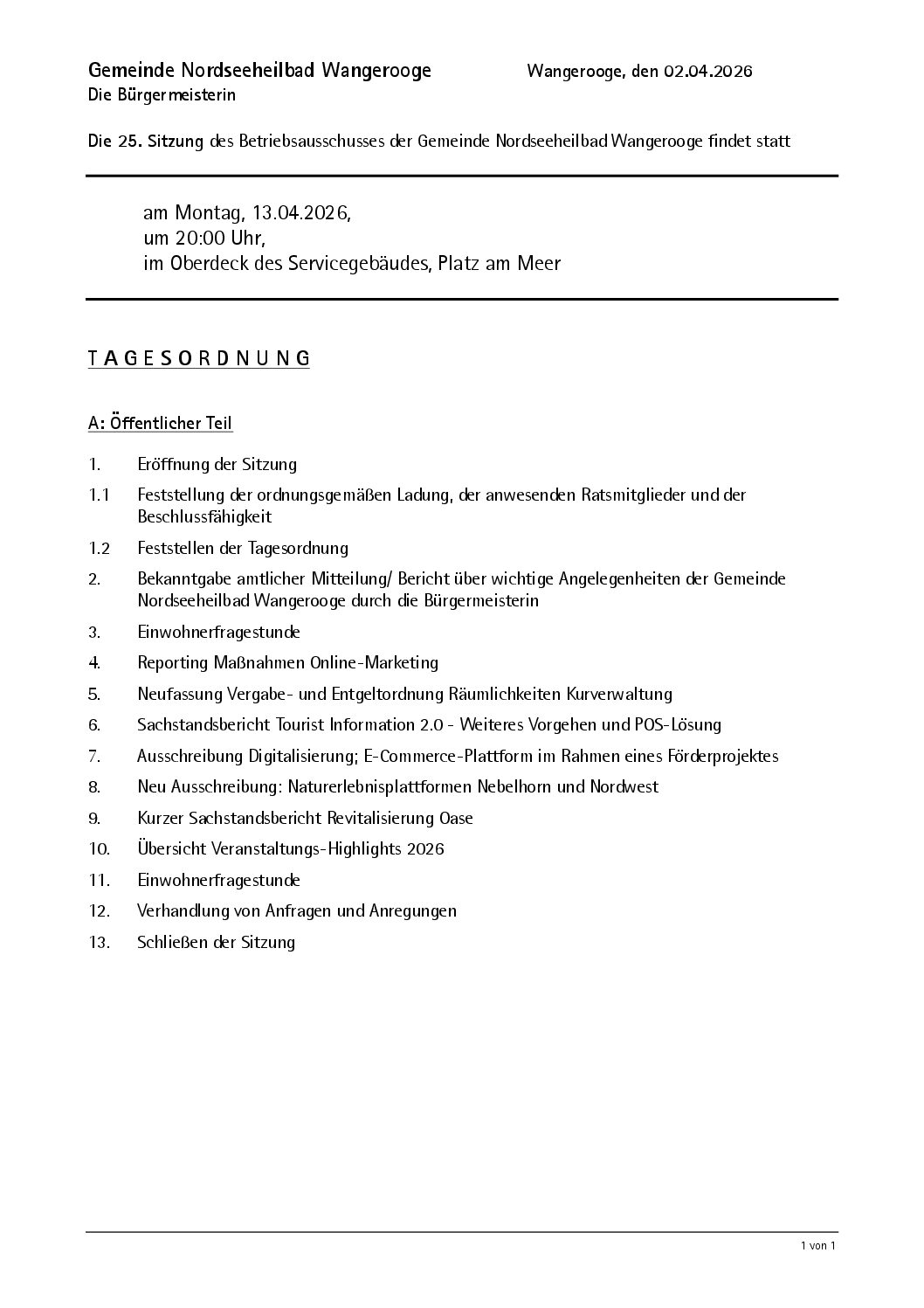 02.04.2026 Einladung Betriebsausschuss – Mo.13.04.2026 – 20.00 Uhr – Oberdeck, Platz am Meer