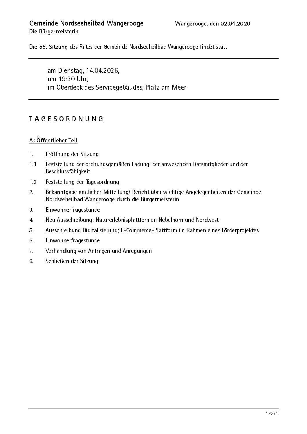 12.04.2026 Einladung Rat 14.04.2026 – 19.30 Uhr Oberdeck 12.04.2026 Einladung Rat 14.04.2026 – 19.30 Uhr Oberdeck