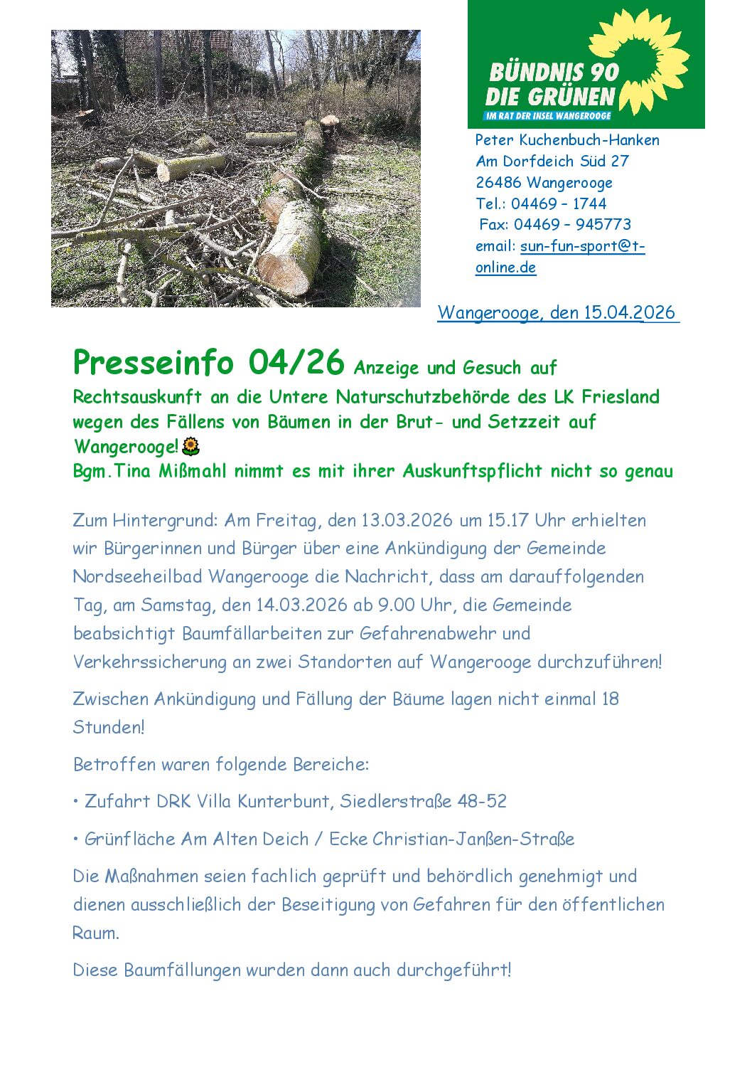 15.04.2026 Presseinfo 04-26 Die Grünen Wangerooger – Anzeige und Gesuch auf Rechtsauskunft an die Untere Naturschutzbehörde des LK Friesland 15.04.2026 Presseinfo 04-26 Die Grünen Wangerooger – Anzeige und Gesuch auf Rechtsauskunft an die Untere Naturschutzbehörde des LK Friesland