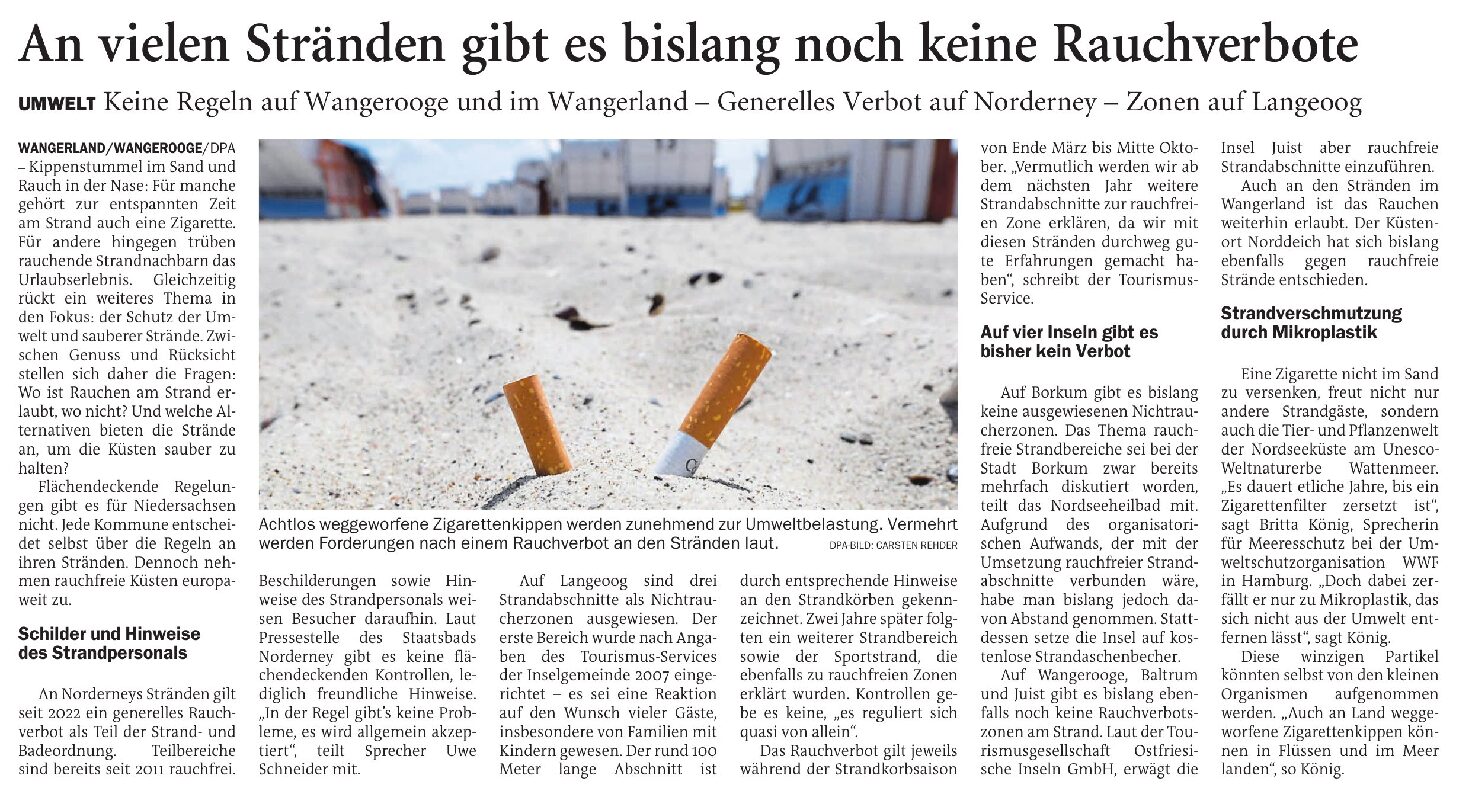 02.04.2026 Jeversches Wochenblatt – An vielen Stränden gibt es bislang noch keine Rauchverbote