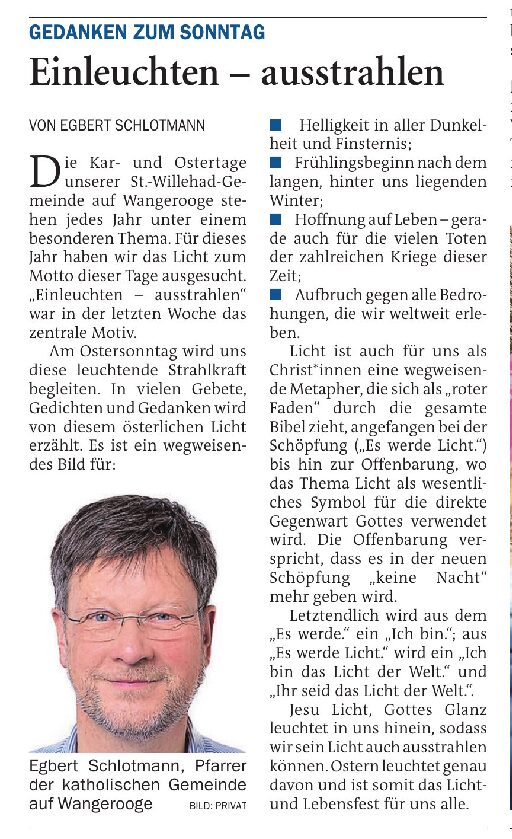 04.04.2026 Jeversches Wochenblatt – Gedenken zum Sonntag – Einleuchten – ausstrahlen – Egbert Schlotmann Pfarrer der kath.St.Willehad Gemeinde