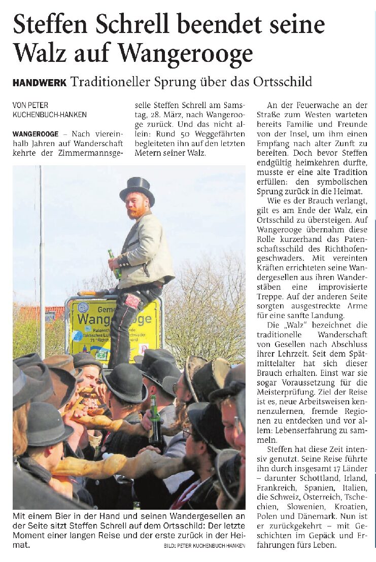 10.04.2026 Jeversches Wochenblatt – Steffen Schrell beendet seine Walz auf Wangerooge 10.04.2026 Jeversches Wochenblatt – Steffen Schrell beendet seine Walz auf Wangerooge