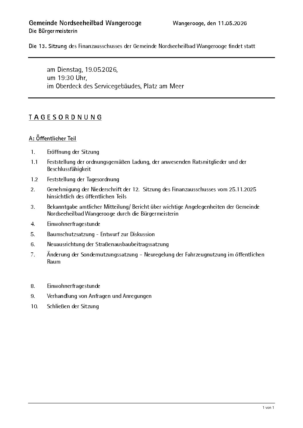 13.05.2026 Einladung Finanzausschuss Di.19.05.2026 – 19.30 Uhr Oberdeck Platz am Meer