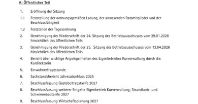 22.05.2026 Einladung Betriebsausschuss Mo.01.06.2026 – 20.00 Uhr Oberdeck Platz am Meer 22.05.2026 Einladung Betriebsausschuss Mo.01.06.2026 – 20.00 Uhr Oberdeck Platz am Meer