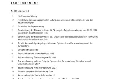 22.05.2026 Einladung Betriebsausschuss Mo.01.06.2026 – 20.00 Uhr Oberdeck Platz am Meer 22.05.2026 Einladung Betriebsausschuss Mo.01.06.2026 – 20.00 Uhr Oberdeck Platz am Meer