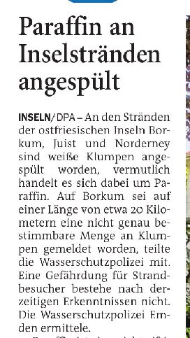 16.05.2026 Jeversches Wochenblatt – Paraffin an Inselstränden angespült