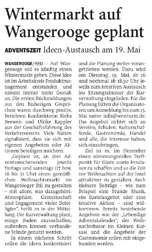 16.05.2026 Jeversches Wochenblatt – Wintermarkt auf Wangerooge geplant