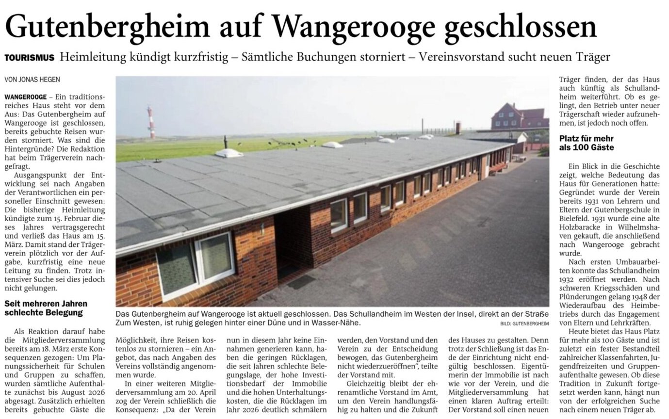 21.05.2025 Jeversches Wochenblatt – Gutenbergheim auf Wangerooge geschlossen 21.05.2025 Jeversches Wochenblatt – Gutenbergheim auf Wangerooge geschlossen