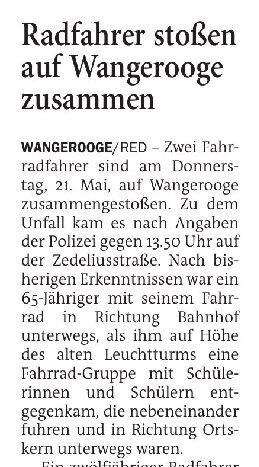 23.05.2026 Jeversches Wochenblatt – Radfahrer stoßen auf Wangerooge zusammen 23.05.2026 Jeversches Wochenblatt – Radfahrer stoßen auf Wangerooge zusammen