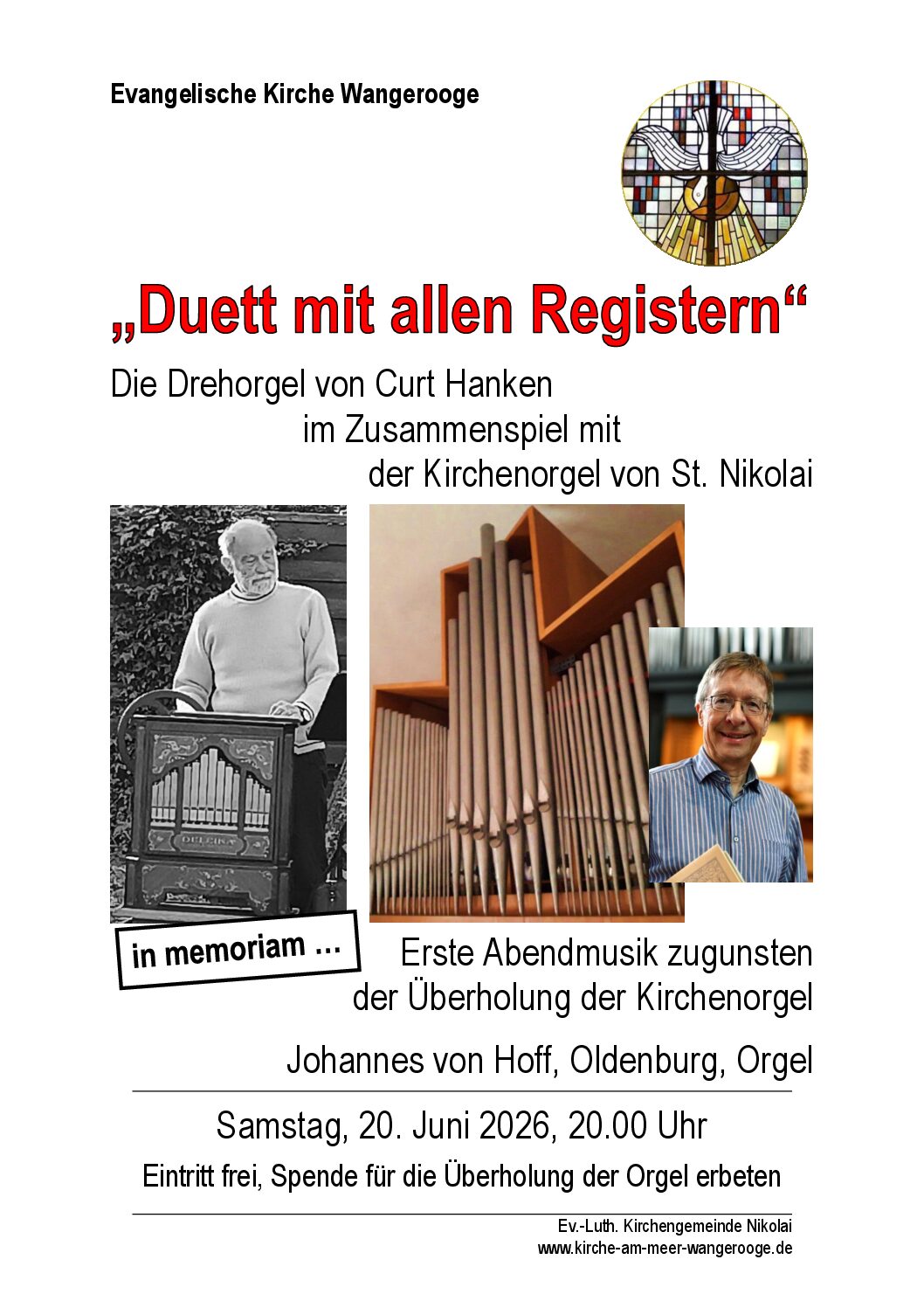 15.06.2026 ev.St.Nikolaikirche – Drehorgel und Kirchenorgel im Duett – Konzert mit Johannes von Hoff würdigt Insulaner Curt Hanken